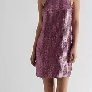 NWT Express Pink Sequin Halter Dress Open Back Mini Cocktail Size L